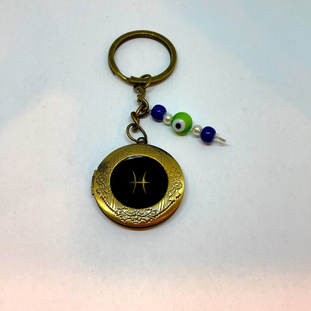 Zodiac Pisces Locket Keychain: Intuition with Greek Key and Evil Eye Charm